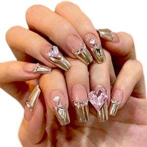 [PRESS ON NAILS] 10pcs French Chrome with Diamond Coffin Square